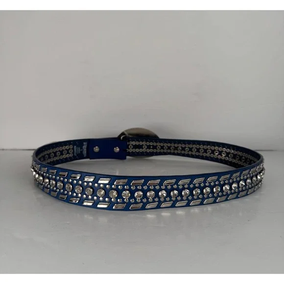 Nocona Genuine Blue/Silver Leather Western Belt Rhinestone Bedazzled Womens Y2K
